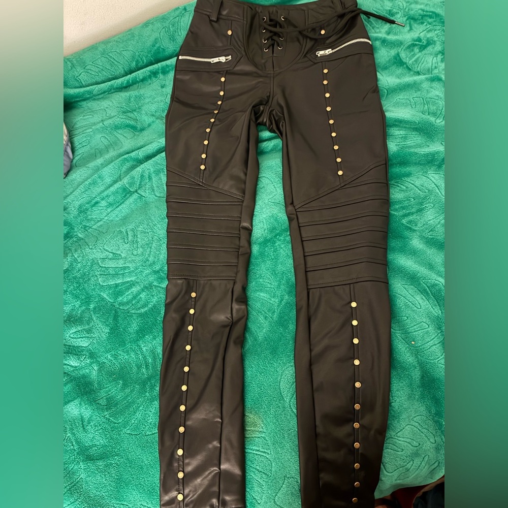 Imely Bela vinyl/faux rockstar biker pants w/ metal accents lace up front S - Picture 4 of 6